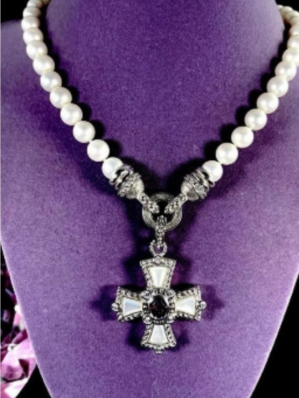 LIKE NEW Judith Ripka faux pearl, silver and amethyst cross necklace. 18”L.